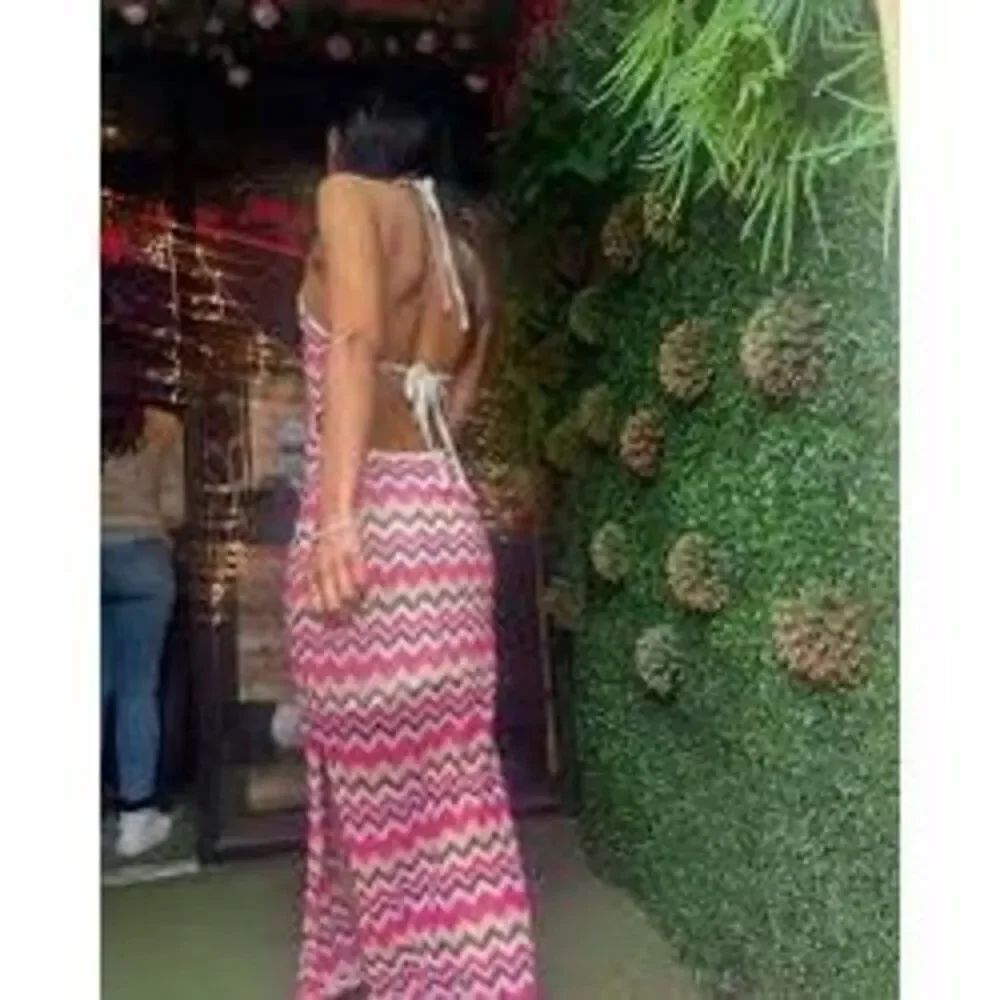 No Comment Pink Chevron Halter Maxi Dress Boho Size M - Picture 2 of 13